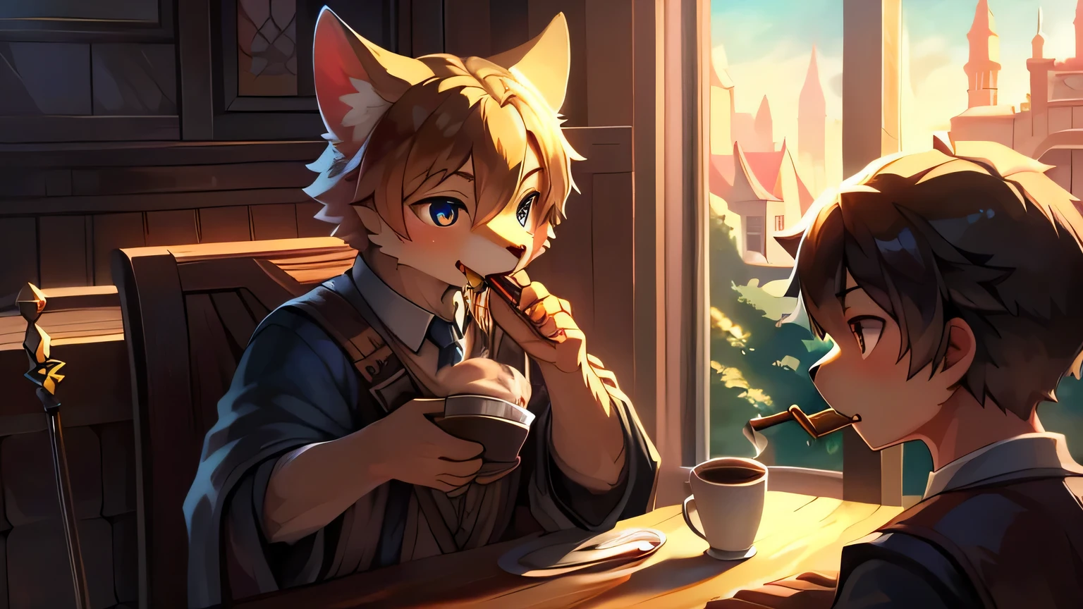 Anime characters sitting at a table with a cup of coffee - SeaArt AI