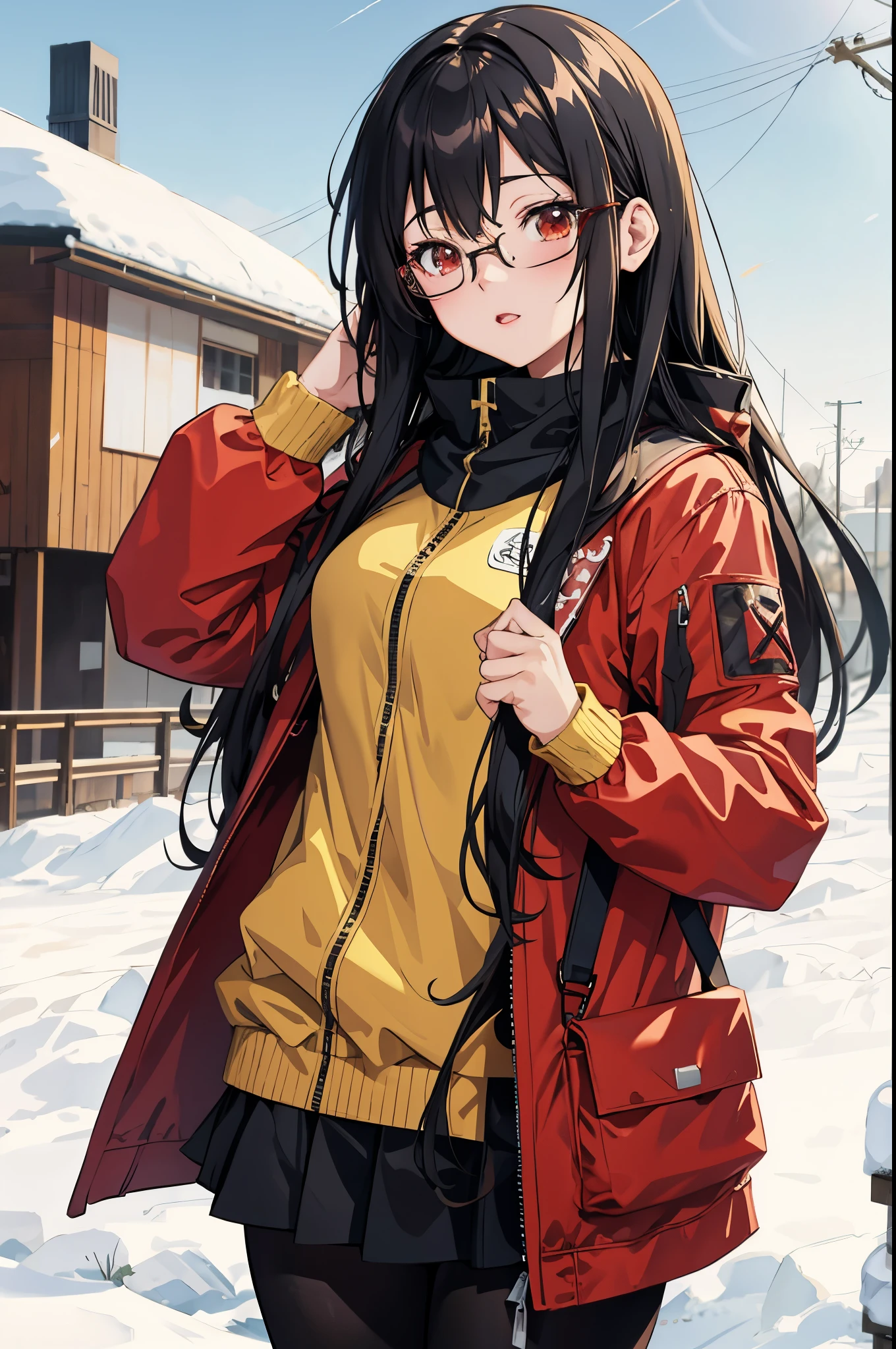 Anime girl in a red jacket and black skirt standing in the snow - SeaArt AI