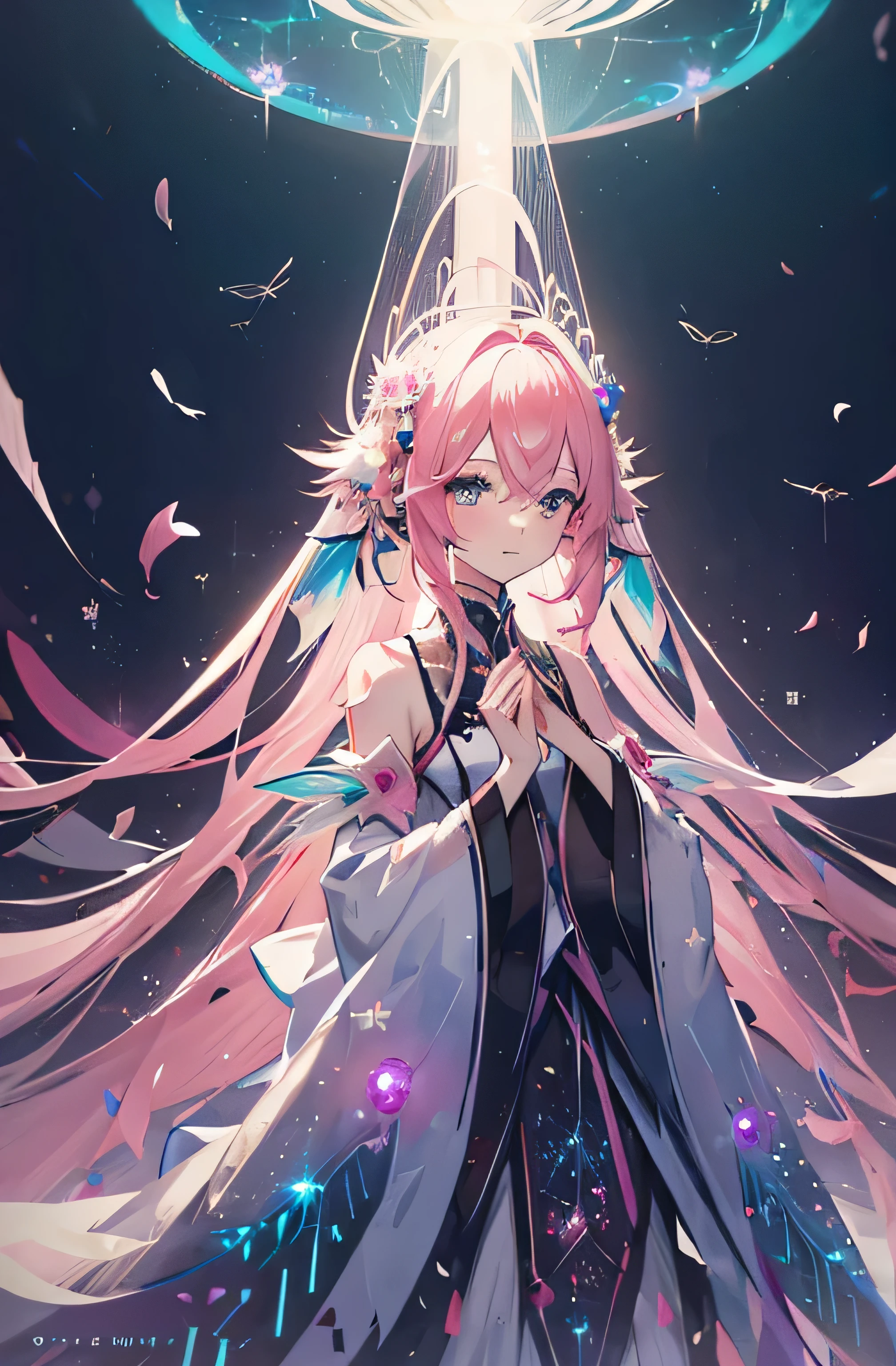 dark,pink,Hatsune Miku,delicate face,Overall spiral hair,The hem of the clothes becomes feathery,feather stream,White silk clothes,The background has（are small）Colored confetti,Fluid art:1.2,(fractal art:1.2),(Sci-fi sense:1.5),best quality,