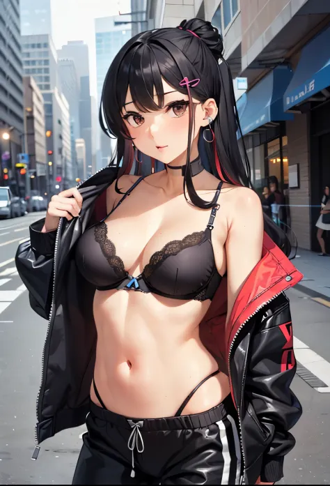 1girl, absurdres, high res, extremely detailed ultrasharp, 8K, masterpiece, city background, looking at viewer, human, thighs, breasts, big breasts, sideboob, long hair, multicolored hair, makeup, bra, open jacket, ear piercings, straps, hair ornament, swe...