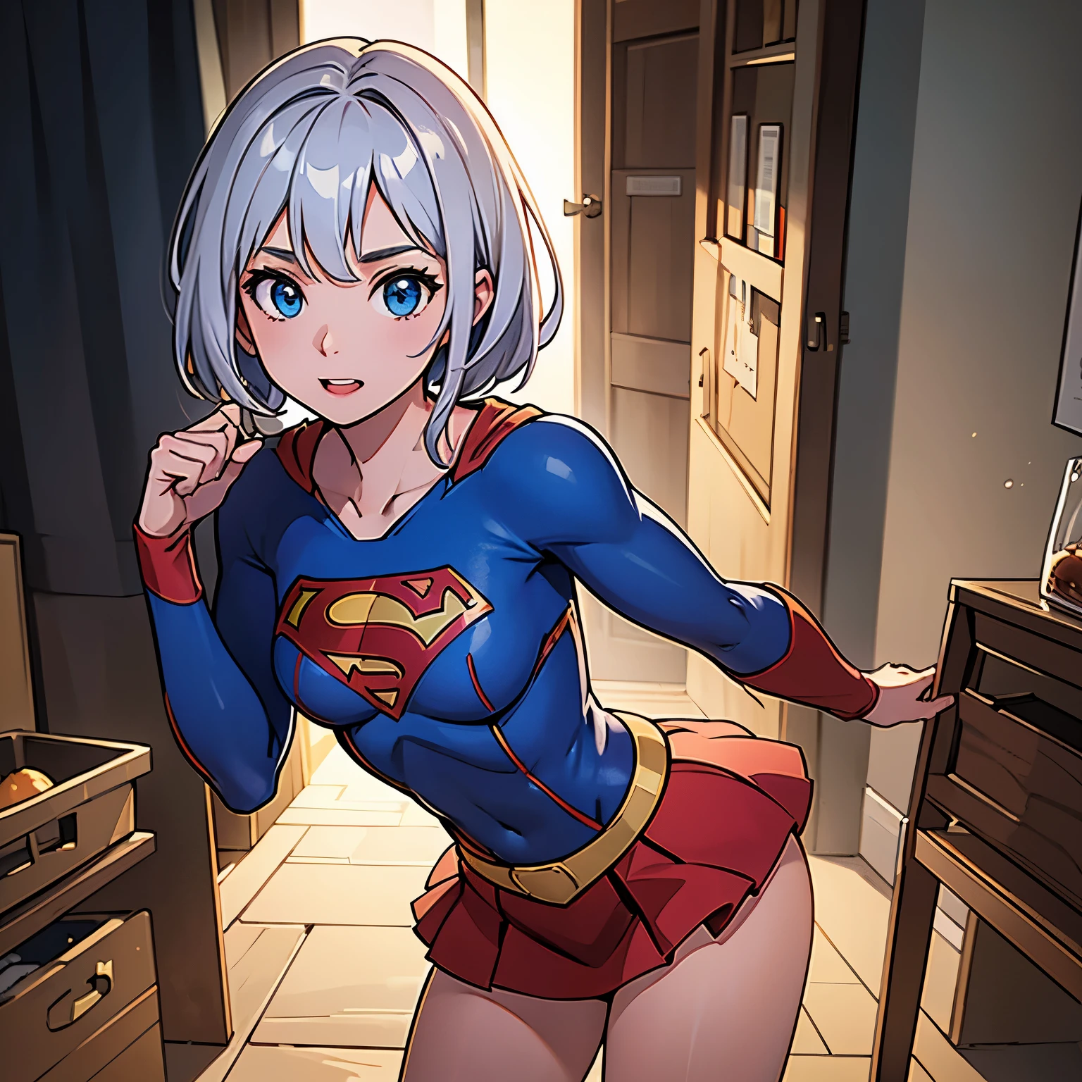 best qualityer, realisitic, photorealisitic, award-winning illustration, (details Intricate: 1.2), (delicate detail), (details Intricate), (cinematic light, Supergirl with extremely sexy short hair