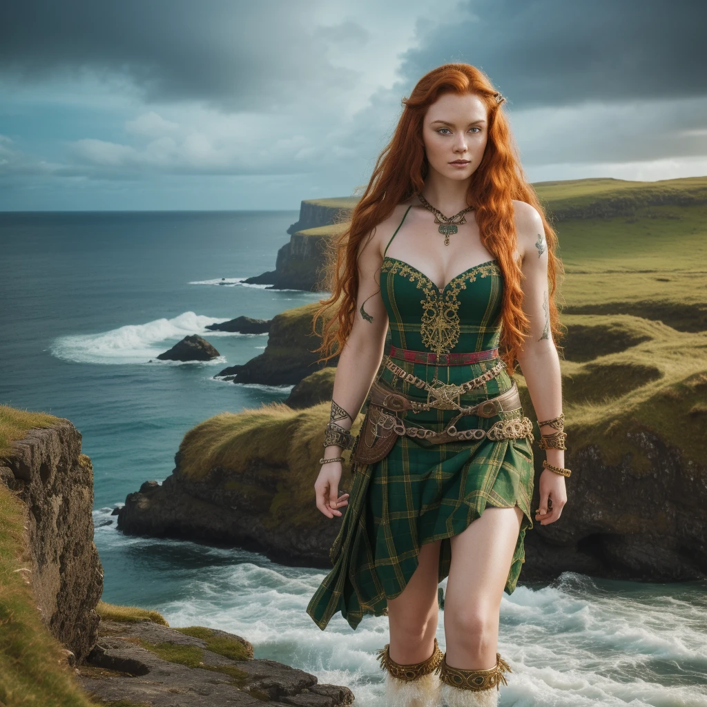 32k, luminous very detailed, lifelike green eyes, intricate patterns, ultra realistic details, beautiful ancient scottish celtic female warrior, elaborate long red hair, gold and jeweled ornaments in hair, floating, windy, messy hair, celtic & tartan pattern dress, tribal tattoos on arms, legs, very detailed, difficult, masterpiece, high quality, detailed cores, isle of skye, ancient scottish castle, lush greenery, shafts of light from sky, breathtaking beauty, pure perfection, divine cinematographic, full body shot, rough seas, large ocean waves, mythical,