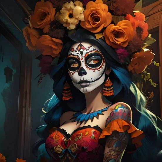 alto detalhe, Melhor qualidade, alta resolução, ultra realista, Obra-prima, Mulheres, catrina, cara de caveira pintada, flores en el pelo, terno vermelho estilo mexicano, chapéu charro, vestido sexi, pele branca pintada mexicana, seios grandes, seios de bom tamanho, seios apertados, decote sexy, Quarto mobiliado, Foto tirada de frente da cintura para cima