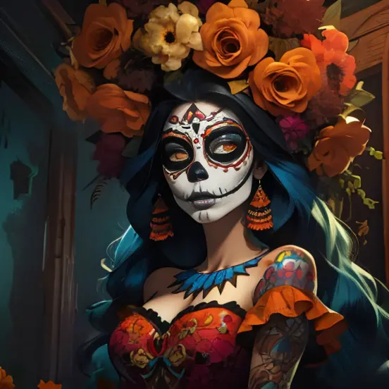 alto detalle, mejor calidad, high resolution, ultra realista, obra maestra, mujer, catrina, cara pintada de calavera, flores en ...