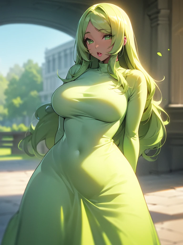 (((Light Skin Woman))),(((Light green, long hair without bangs))),(((curvy body))),(((Lime green eyes))),(((Alone))),(((beautiful dress)))