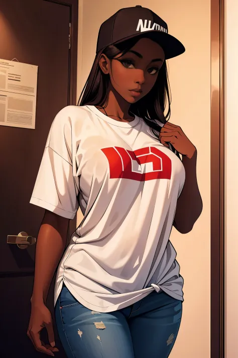 Dark skin young woman in an oversized fitted shirt