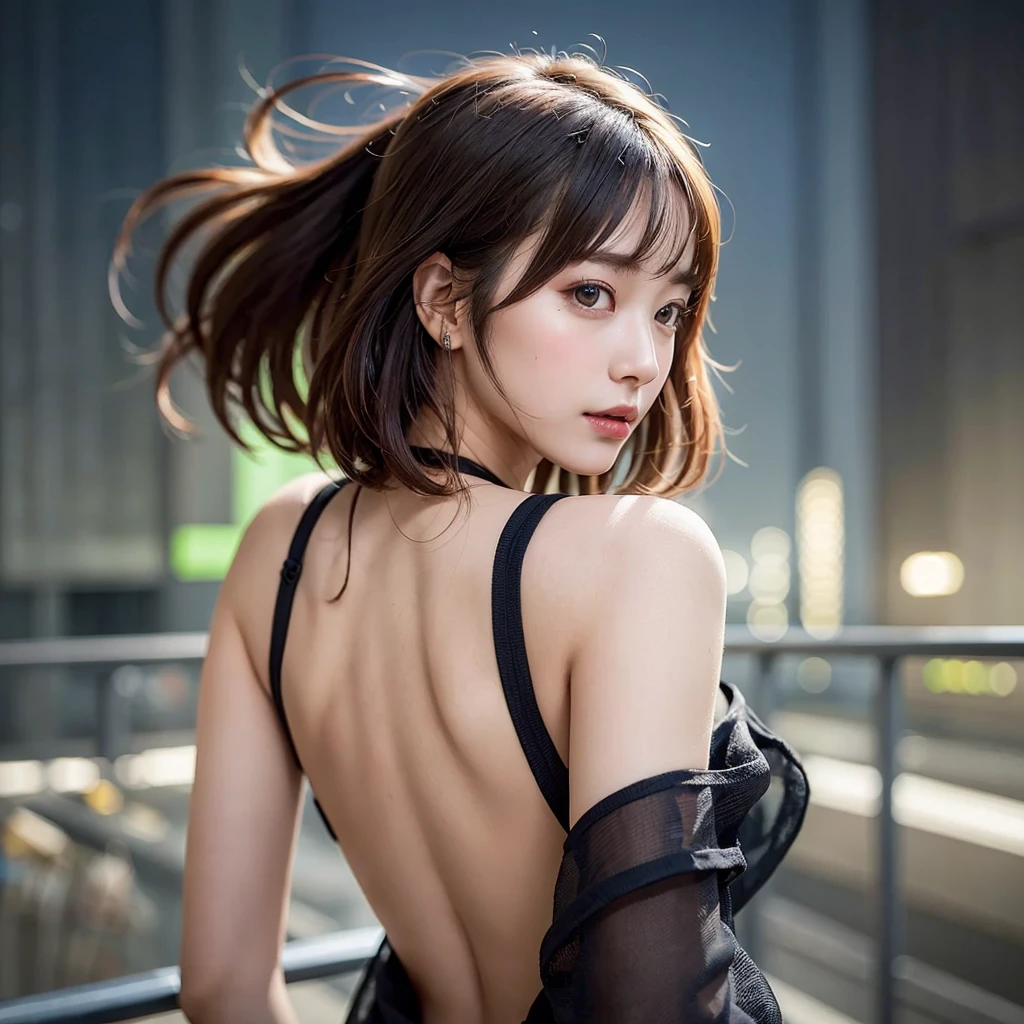 Generate images of seductive young woman in photorealistic style, Capture in 8K resolution, Similar to the exquisite beauty of Korean actress Park Kyu-young. In this image, She has her back to the camera, And her hands are spread wide. Her features are impressive, and Large, Expressive eyes, small mouth, and a straight nose that gives her a doll-like look. She has a loose fluffy short bob haircut that dances in the wind. Background rooftop overlooking futuristic cityscape at night, Hair shakes dramatically in strong winds. This perspective shows only her back and upper body, Creating an air of mystery and charm. The focus 、Should consist in capturing the wind-blown hair and the curves of her back and shoulders. Make sure the final image in a photorealistic style, Emphasis on every detail, From the flow of her hair to the subtle contours of her back and arms, As well as the presence of motorcycles.