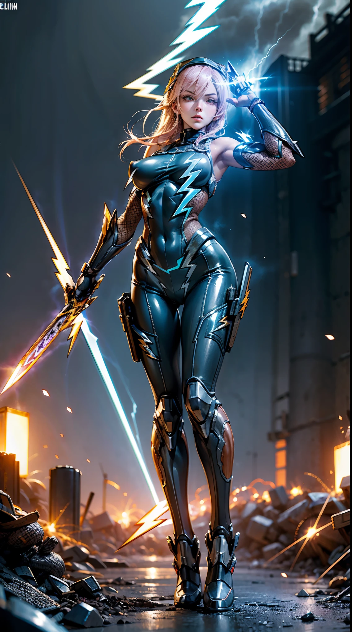 1girl,(table top,very detailed, heavy mechanism, hard surface),(concept art:1.0),(Taimanin Asagi style:1.3), A woman wearing a high-leg bodysuit,Shooting lightning from the palm of your hand,(Equipped with a shuriken holster:1.4),(Purple body:1.1),(long legs:1.1),(big breasts:1.2),(constriction).(detailed eye:1.3),(detailed face:1.3),(weapon details:1.3),(detailed body:1.3),((full body esbian:1.5)),(Lightning in the background:1.5),lively
