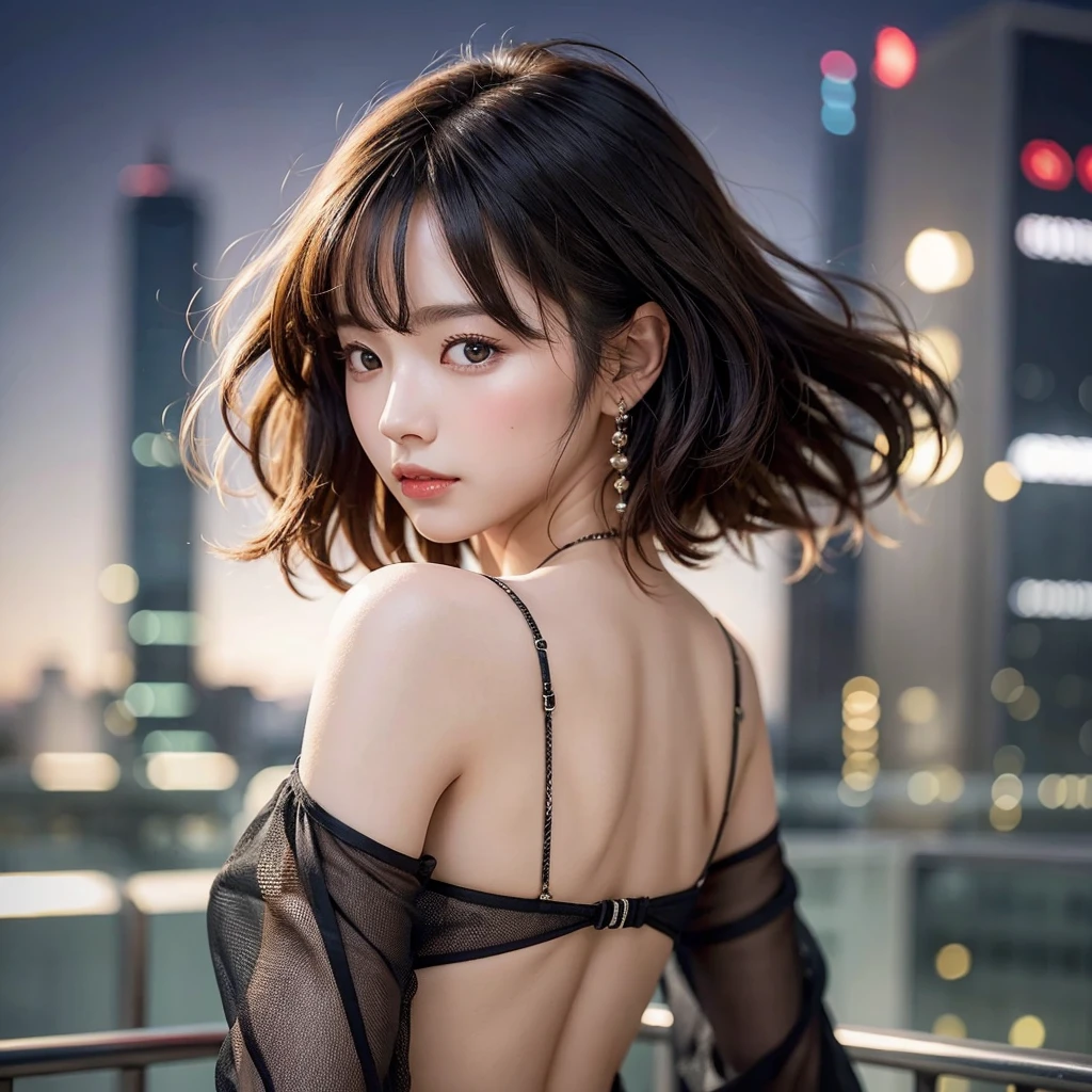 Generate images of seductive young woman in photorealistic style, Capture in 8K resolution, Similar to the exquisite beauty of Korean actress Park Kyu-young. In this image, She has her back to the camera, And her hands are spread wide. Her features are impressive, and Large, Expressive eyes, small mouth, and a straight nose that gives her a doll-like look. She has a loose fluffy short bob haircut that dances in the wind. Background rooftop overlooking futuristic cityscape at night, Hair shakes dramatically in strong winds. This perspective shows only her back and upper body, Creating an air of mystery and charm. The focus 、Should consist in capturing the wind-blown hair and the curves of her back and shoulders. Make sure the final image in a photorealistic style, Emphasis on every detail, From the flow of her hair to the subtle contours of her back and arms, As well as the presence of motorcycles.