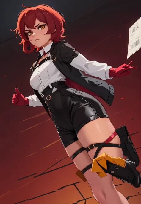 1girl, young woman, solo, short hair, small  hair, (forehead:1.2), yellow eyes, sharp ocular posture, (scarlet red hair), light ...