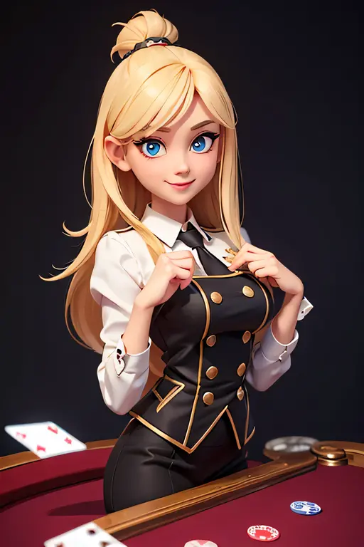 a girl,8k highly detailed, casual games, , 3D art style, Half body photo,dealer,White background,big eyes,blond,Lovely,dealer,pl...