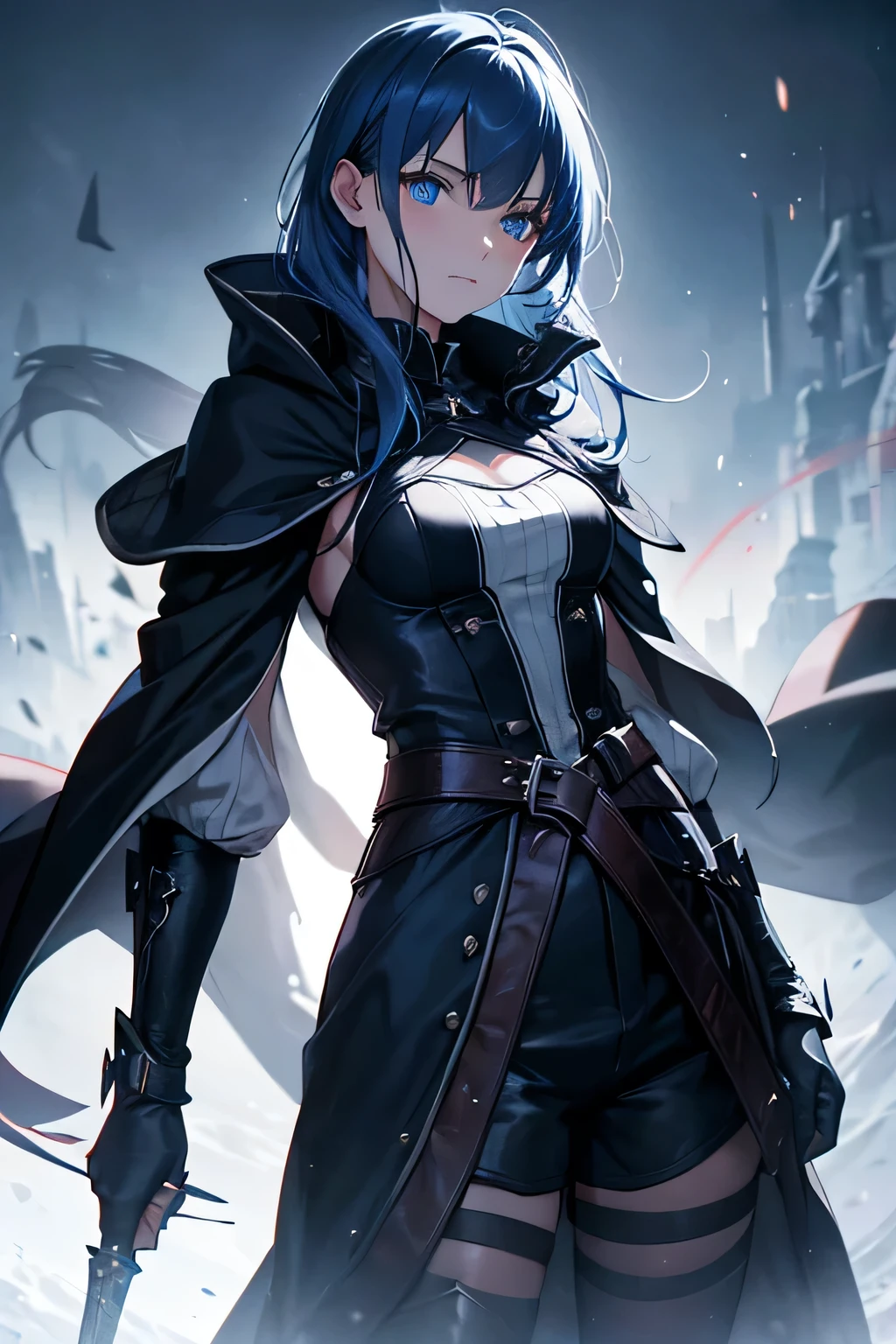 "(highest quality,High resolution,masterpiece:1.2),super detailed,(realistic,photorealistic,photo-realistic:1.37),portrait,Medieval,moon night,1 girl,blue eyes,blue hair,medium hair,assassin,fantasy,Her outfit is、Consists of shorts and a form-fitting top that allow for free movement,She brandishes a sharp dagger、He wears a black cloak that flows behind him.。,battle scene,nihilistic,quiet solitude,motion blur,dynamic composition,dramatic lighting,Bright colors,rays of moonlight,shining eyes,As if she had the power to control the elements.,Mystery and anticipation fill the air.,A girl prepares for an epic battle in this fantastic world."