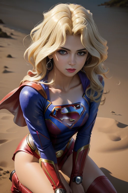 (master part, best quality), foto corpo inteiro, detalhes intrincados
 1Menina, Superhero Supergirl, terno Supergirl, capa vermelha, S do super-homem, saia azul, botas vermelhas, Athletic body, cabelos longos, seios enormes, blonde hair, jewelries, Purple eyes, Brincos, maquiagem, olhos detalhados