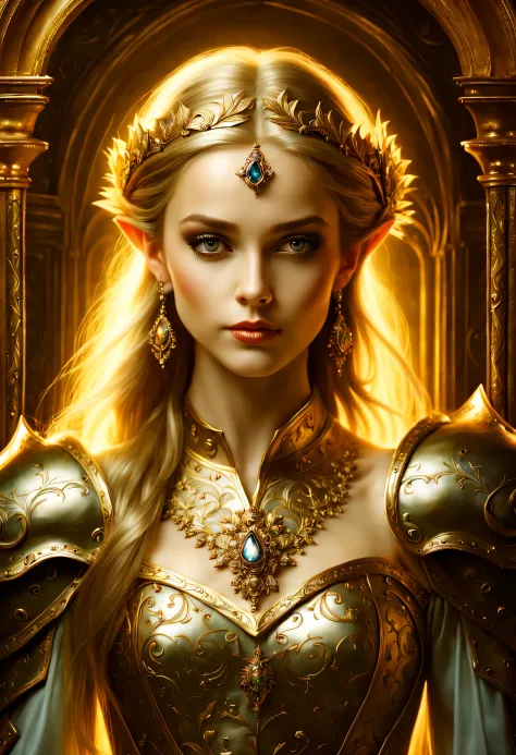 (((elegant elf girl of portraits:1.3))), sense of grandeur and bravery fills the frame, regal dignity exuding atmosphere, depicted warrior, donning gothic armor and wielding an abyss sword image, whether a painting or photograph, encased in rococo frame bo...