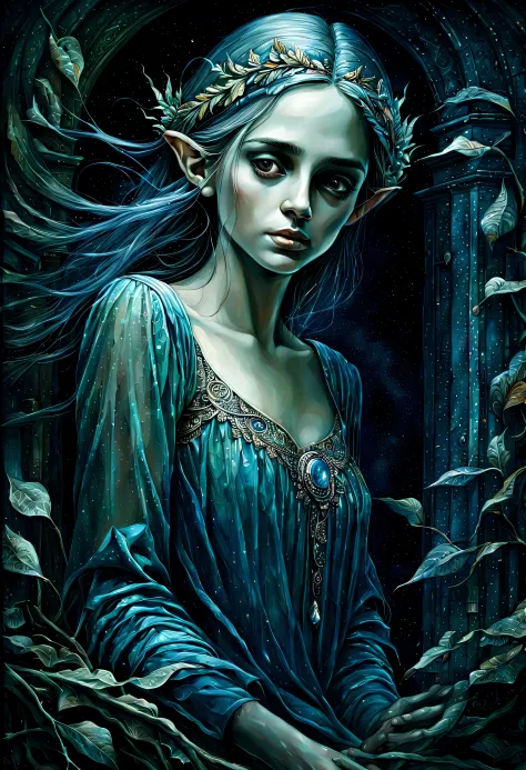 beautiful elf of portraits illustration, in alluringly melancholic depiction, beautifully dark fantasy world, comes to life thro...