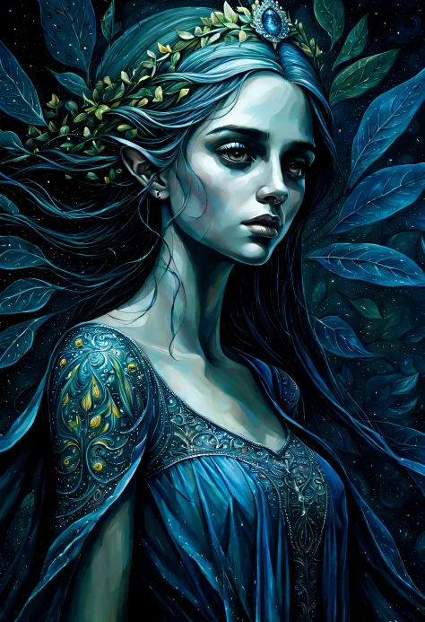 beautiful elf of portraits illustration, in alluringly melancholic depiction, beautifully dark fantasy world, comes to life thro...