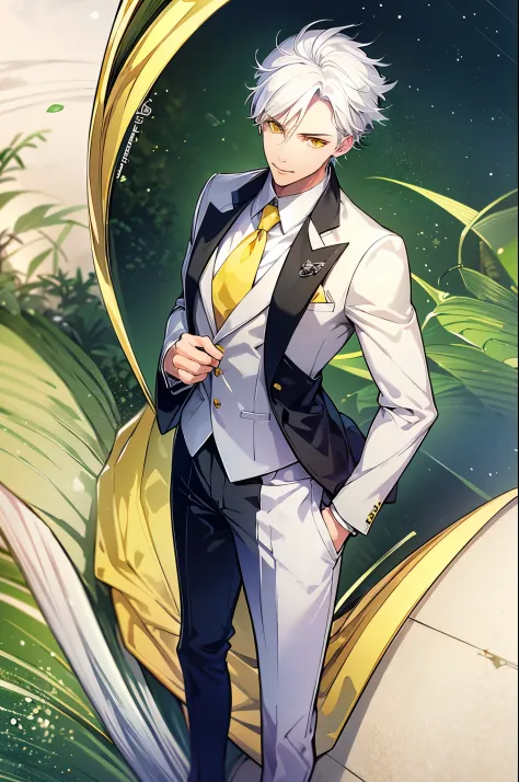 1 man, white hair, yellow eyes, green formal suit, standing on ground, high res, ultra sharp, 8K, masterpiece