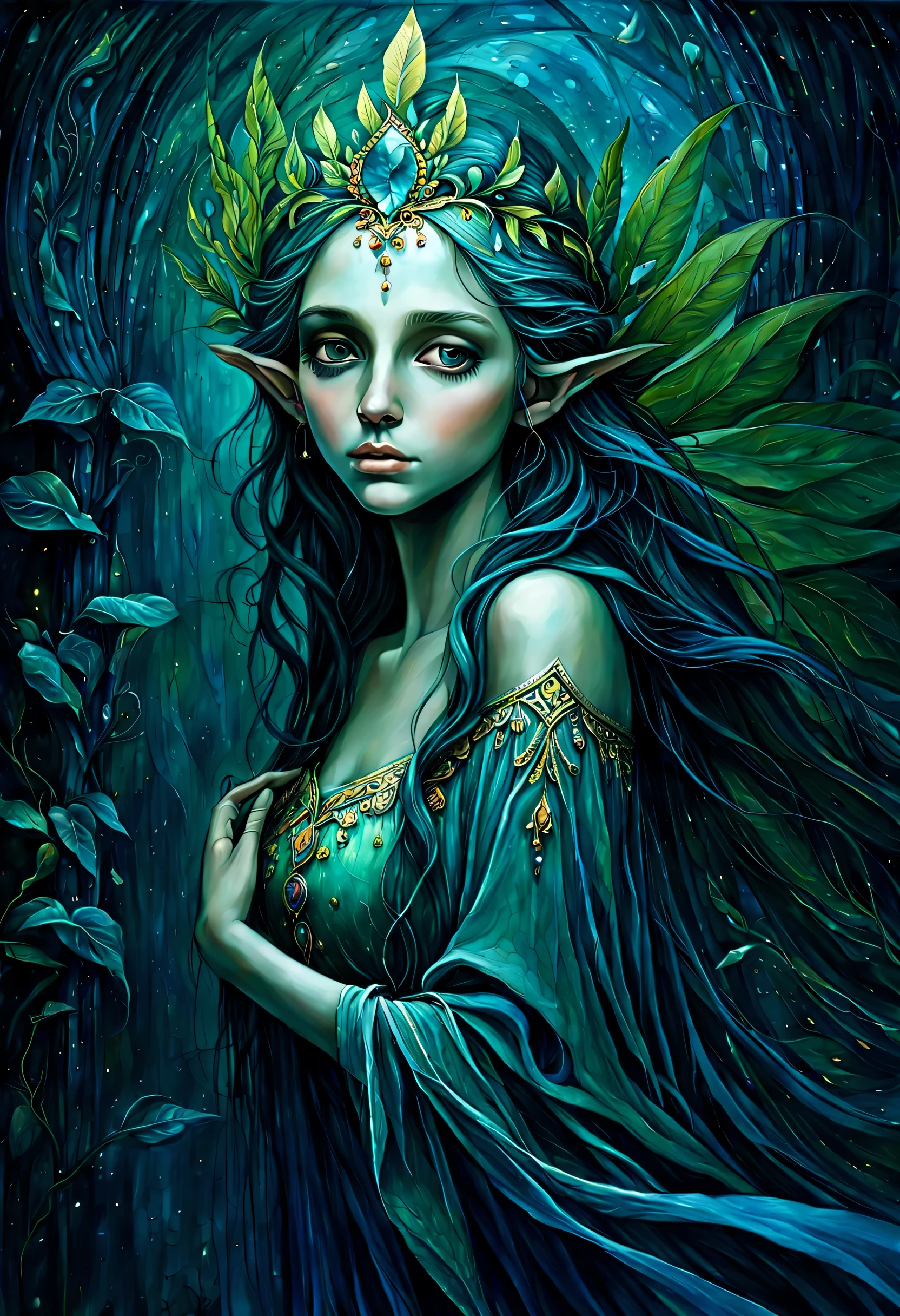 beautiful elf of portraits illustration, In alluringly melancholic depiction, beautifully dark fantasy world, comes to life through an expressive illustration, main subject of the image  vivid portrayal of despair and sadness, which radiates faint glimmer of elusive joy, stunningly intricate detailed fresco captivates viewers, its fusion and harmony of contrasting emotions, through skilled use of brushstrokes and rich color, vivid and dark light image breathes life into the depths of melancholy, while still leaving a trace of hope lingering in the shadows, exquisitely crafted painting showcases, remarkable attention to delicate detail, truly drawing into the immersive realm,