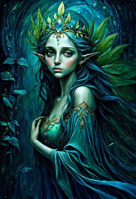 beautiful elf of portraits illustration, In alluringly melancholic depiction, beautifully dark fantasy world, comes to life thro...