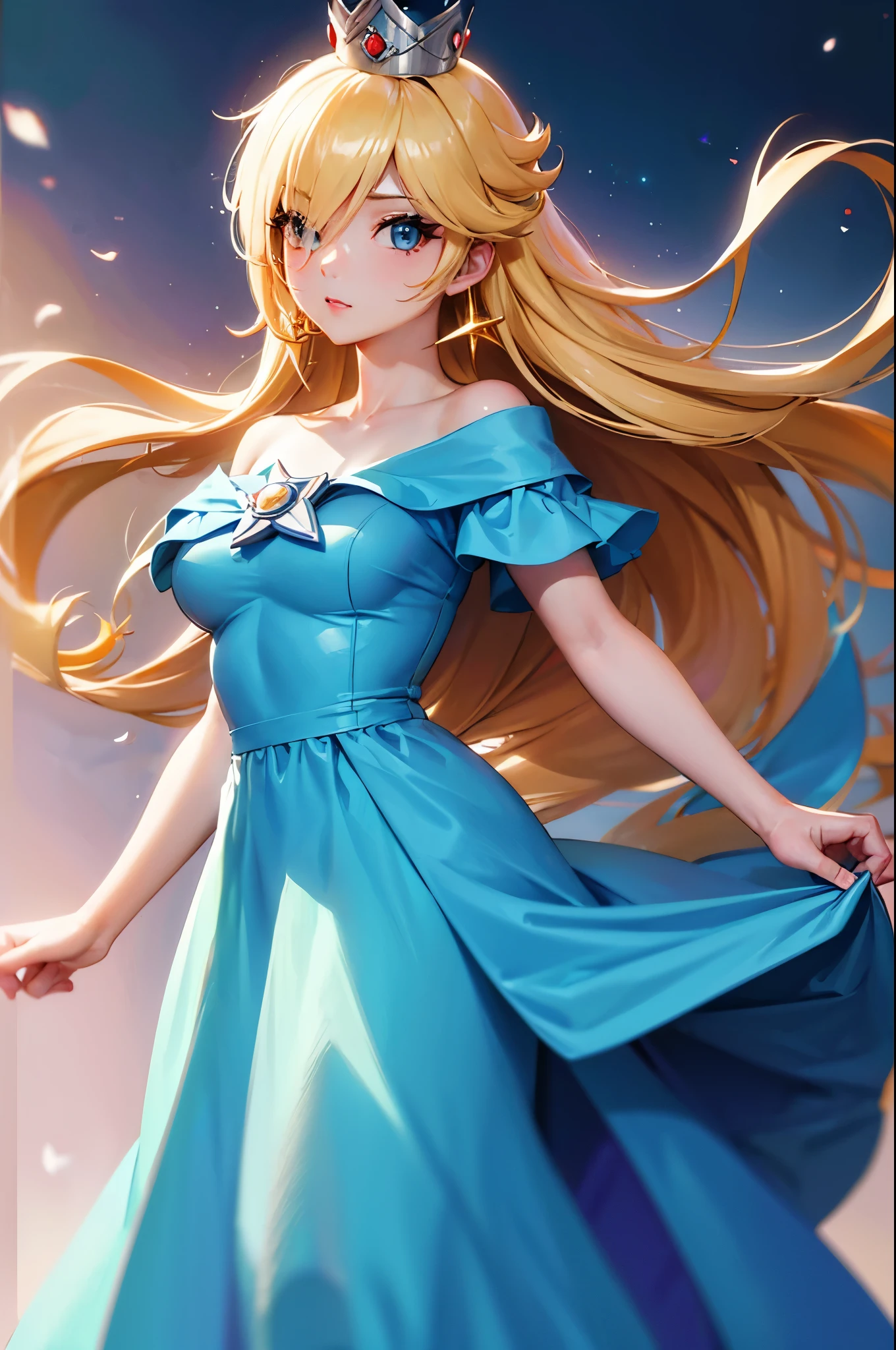 (Meisterwerk), beste Qualität, ausdrucksstarke Augen, perfektes Gesicht, highres, 1 Mädchen, Allein, Rosalina, Blondes Haar, blaue Augen, Haare über einem Auge, lange Haare, blue Kleid, Krone, Kleid, Ohrringe, Schmuck, Prinzessin, robe, nackten Schultern, star Ohrringe, Raum, Sternenhimmel Hintergrund, glühende Partikel, gute Ausleuchtung, Stehen, Cowboy-Schuss, den Betrachter anschauen