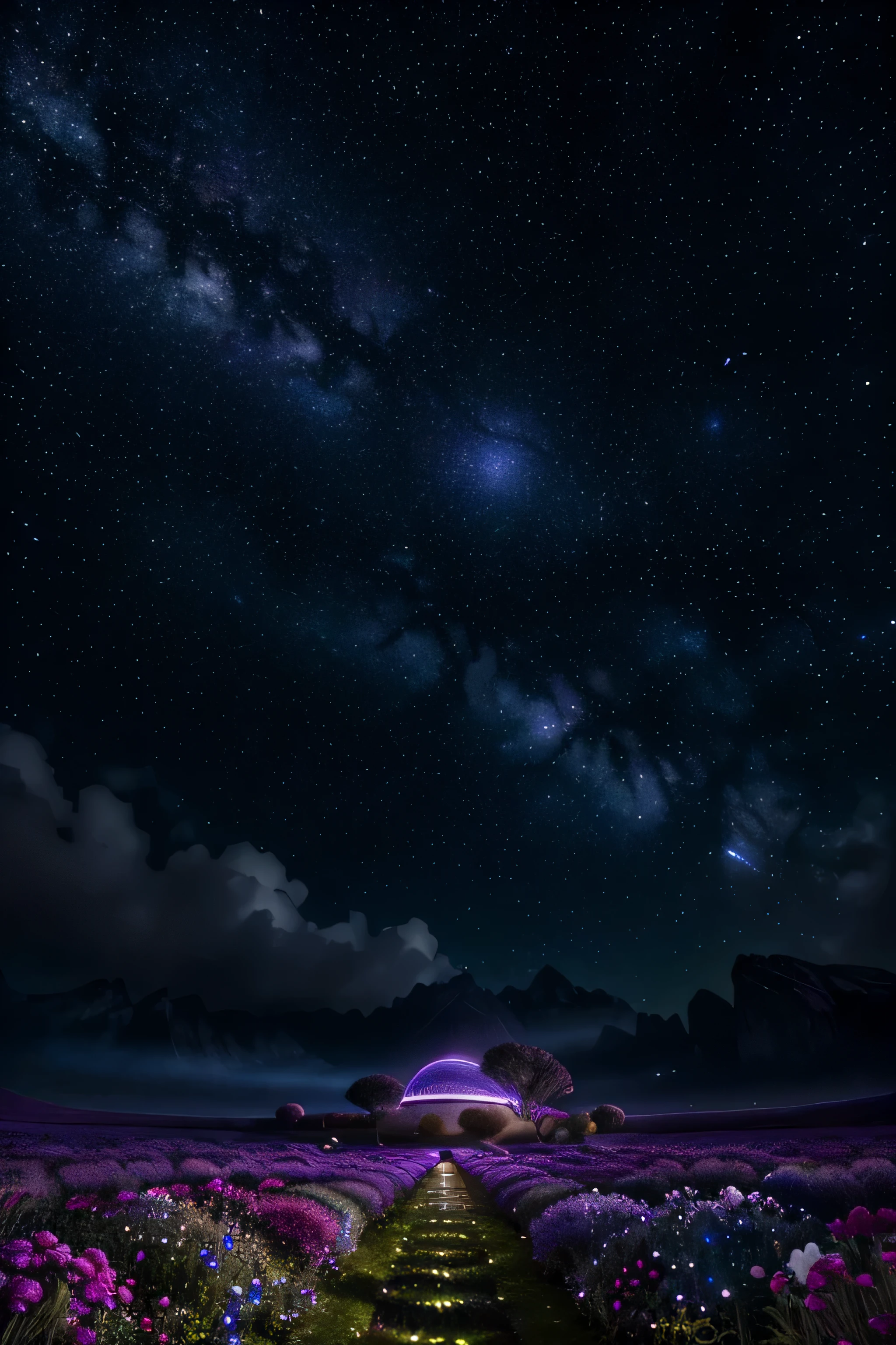 high resolution,fotorrealista,Night sky,Atmosfera iluminada por estrelas,Vista deslumbrante do universo[lush vegetation:0.9],plantas e flores brilhantes,cores vibrantes,Surrealismo surreal,plantas espaciais flutuando no ar,ethereal glow,beleza serena,alien landscape,unique heavenly garden,cosmic energy,Cores explosivas,dream-like setting,extraterrestrial paradise,ambiente sobrenatural,galaxy infused plants,Utopian vision,[astronomia],Mysterious allure,jardim estelar,ambiente encantado,ambrosial aroma,magical atmosphere,Harmonia Celestial,Peaceful Serenity,brilho luminoso