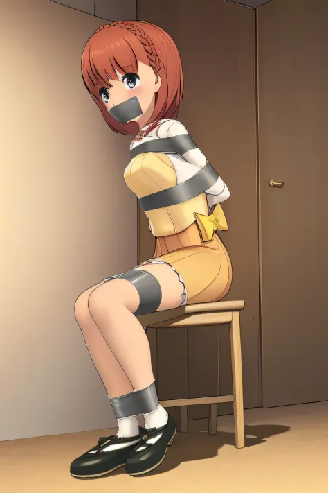 super detailed, High resolution, Very detailed CG, anime picture,(masterpiece, highest quality:1.4), figure ,1 girl, (Aikawa time), (Aika-chan), Braid, (yellow ribbon), (yellow skirt), white socks, Duct Tape Gag, TAPE BONDAGE, whole body, sitting, Are cryi...