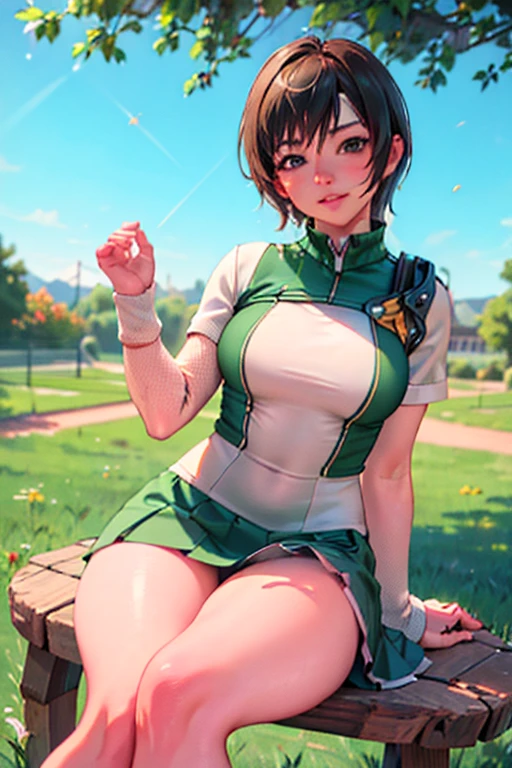 (best quality,highres,ultra-detailed,realistic:1.2),2girls,short skirts,showing panties,white tennis outfits,sitting on stools,happy expressions,detailed eyes and lips,green garden background,sunshine,playful pose,soft lighting,beautiful setting