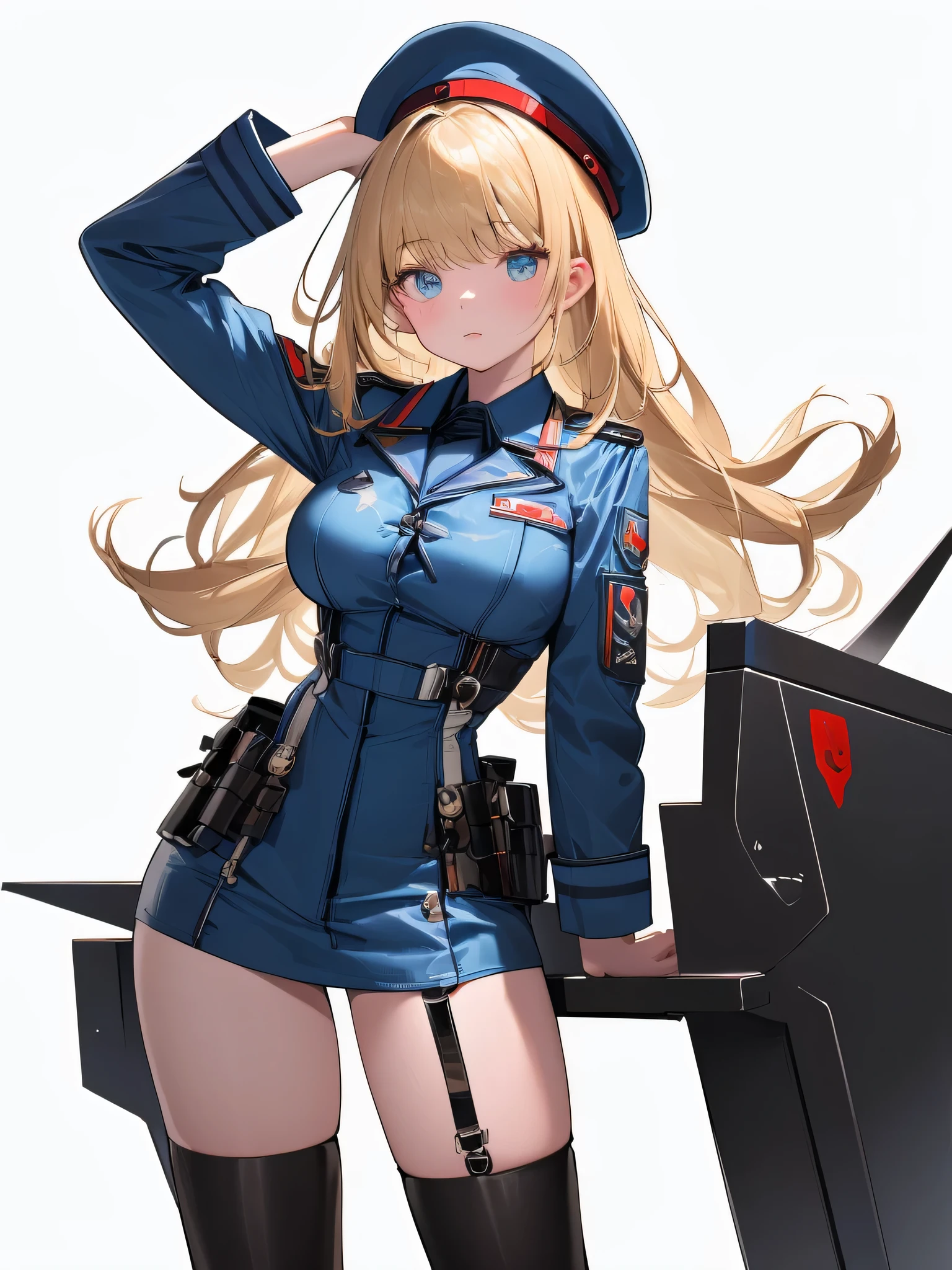 ((Best quality, 8K, Ultra-detailed, Masterpiece: 1.3)), 3 girl, Shiny skin, Sharp, Perfect body beauty, realistic shadow perfect body,("Dark grey and deep blue navy officer uniform,beret,futuristic,Transparent ":1.2),Big_Breasts ,Young girl, short girl,upper legs , indoors, White background,cleavage, standing arms down, fighter pilot harness,M legs， your ass, ("ahoge,Blonde long hair":1.5), portrait shot,(" no background,no object":2)