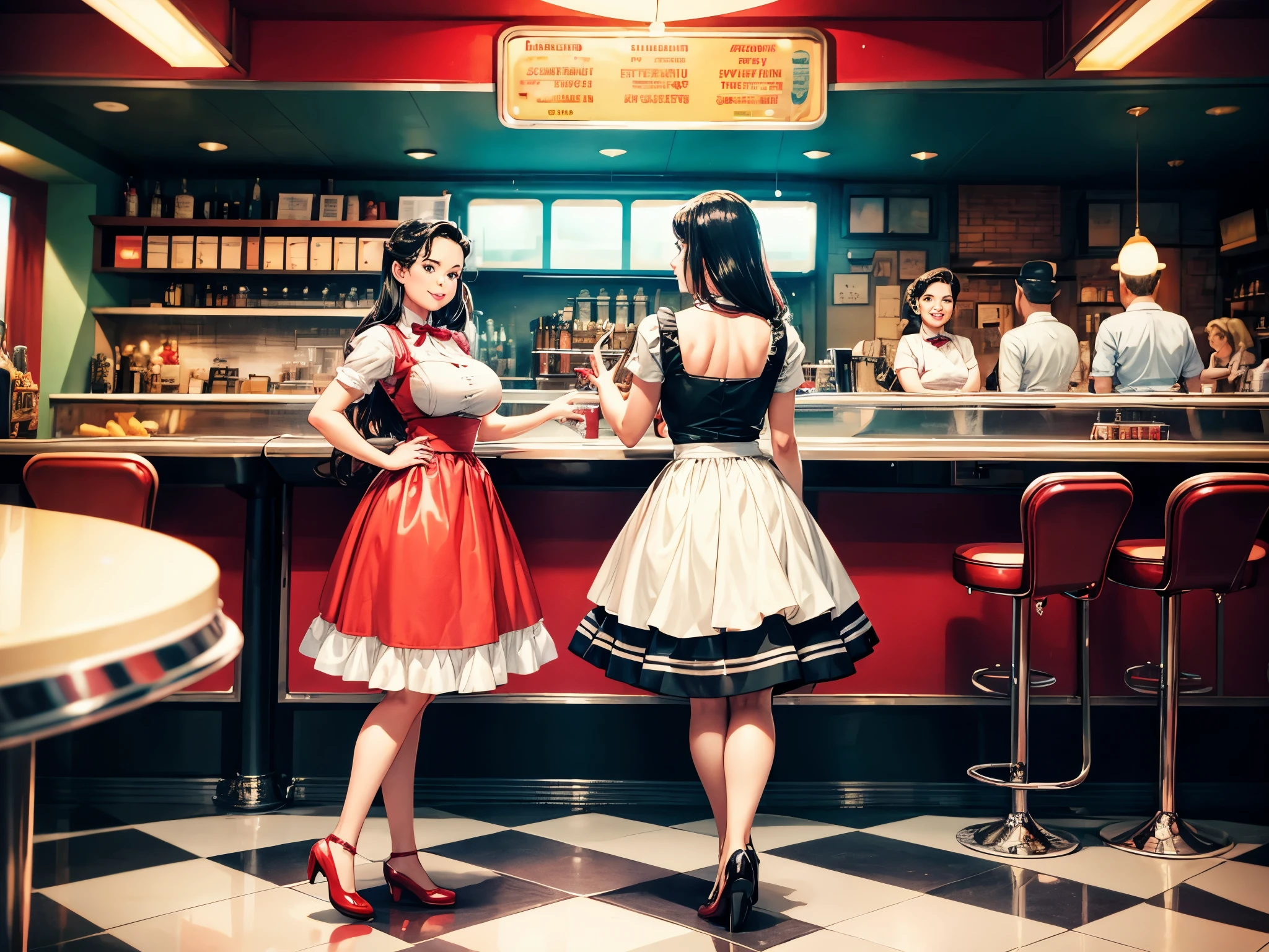 Vintage 1950's diner: gleaming chrome, red vinyl booths, black-and-white floors. Awaiting patrons behind the counter are rows of soda fountains. In the midst of it all, a charming waitress, enormous tits, beautiful face, long hair, serves delicious meals while wearing a classic outfit. Nearby, a pristine Wurlitzer jukebox pulses with life, ready to share the joy of early rock 'n' roll tunes. This enchanting scene transports viewers to simpler times filled with warmth, camaraderie, and enduring style.