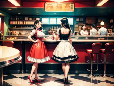 vintage 1950's diner: gleaming chrome, red vinyl booths, black-and-white floors. awaiting patrons behind the counter are rows of...