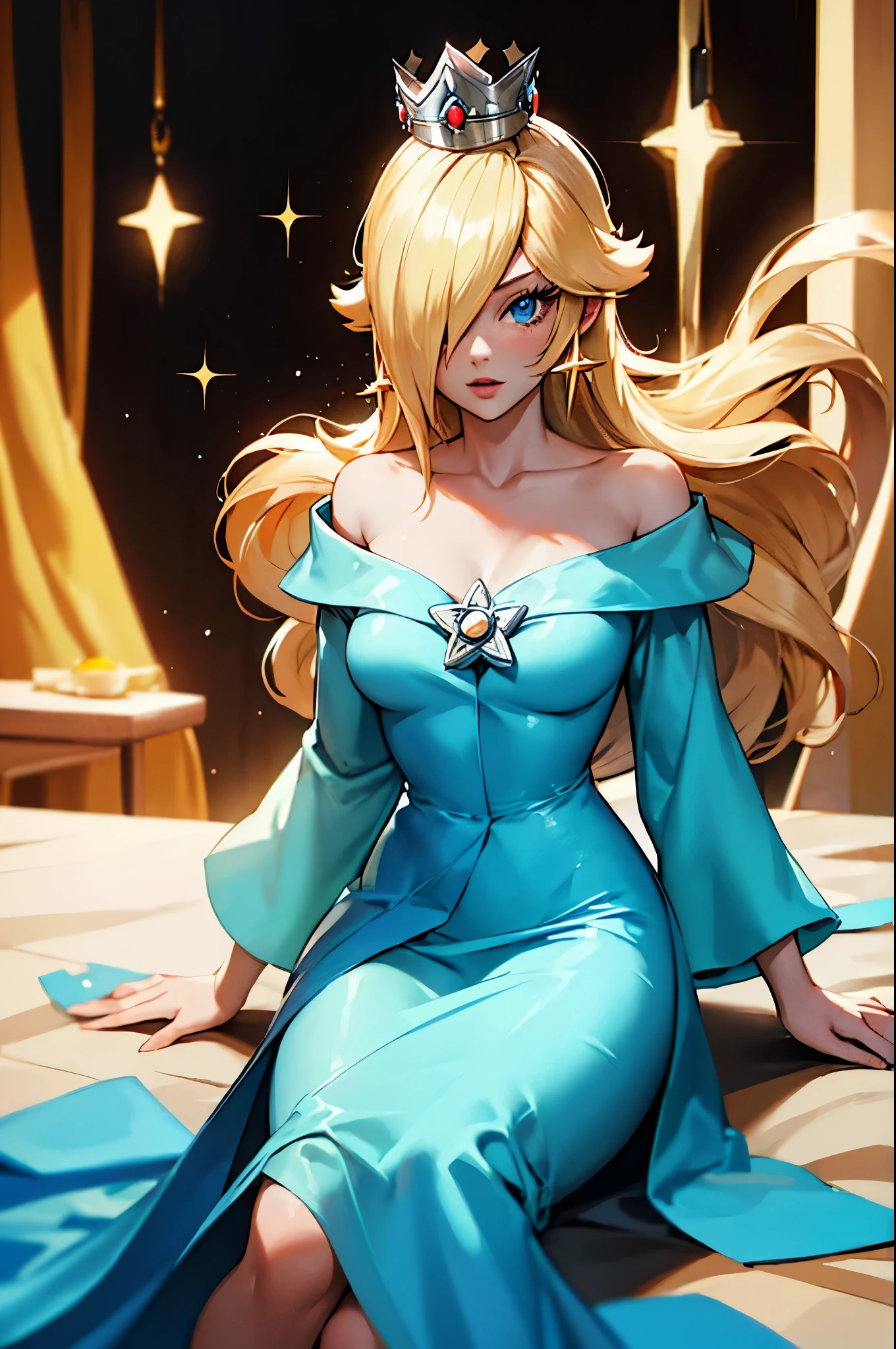 (masterpiece), best quality, expressive eyes, perfect face, highres, 1 girl, solo, rosalina, blonde hair, blue eyes, hair over one eye, long hair, blue dress, crown, dress, earrings, jewelry, princess, robe, bare shoulders, barefoot, star earrings, space, starry background, glowing particles, good illumination, sitting on floor, portrait, looking at the viewer