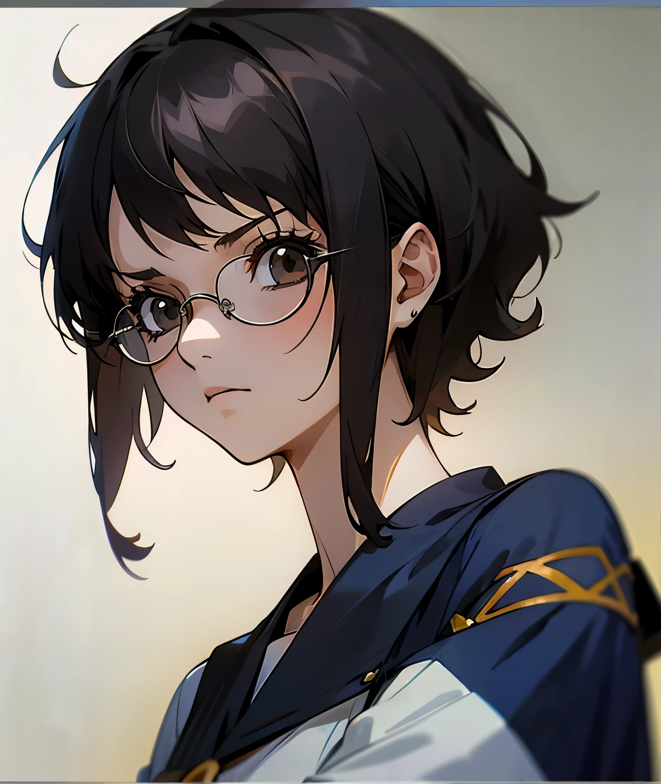 Anime girl with short dark hair and bangs. Stoic expression and glasses