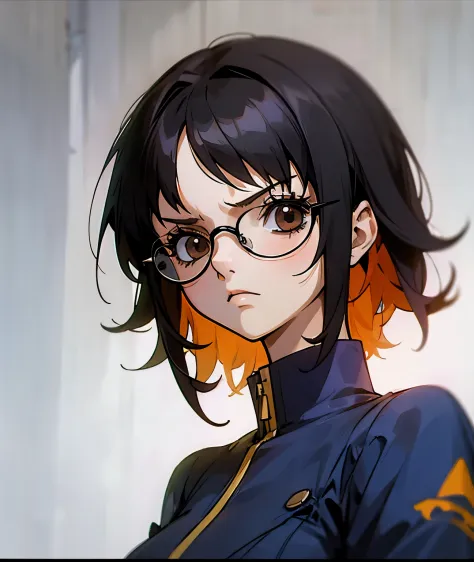 Anime girl with short dark hair and bangs. Stoic expression and glasses