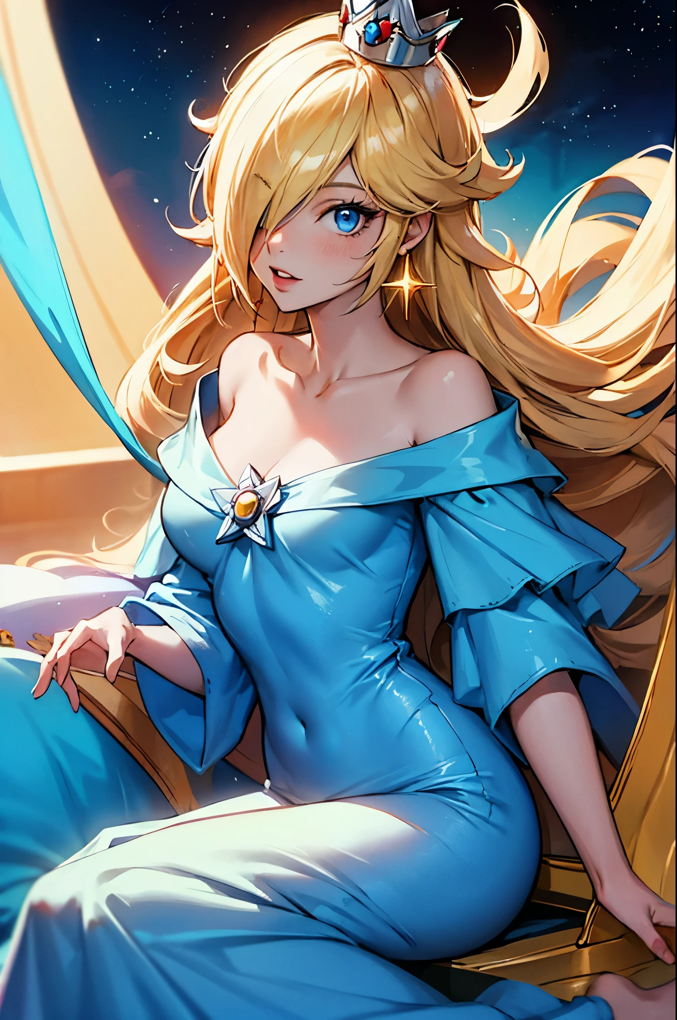 (masterpiece), best quality, expressive eyes, perfect face, highres, 1 girl, solo, rosalina, blonde hair, blue eyes, hair over one eye, long hair, blue dress, crown, dress, earrings, jewelry, princess, robe, bare shoulders, barefoot, star earrings, space, starry background, glowing particles, good illumination, sitting on floor, portrait, looking at the viewer