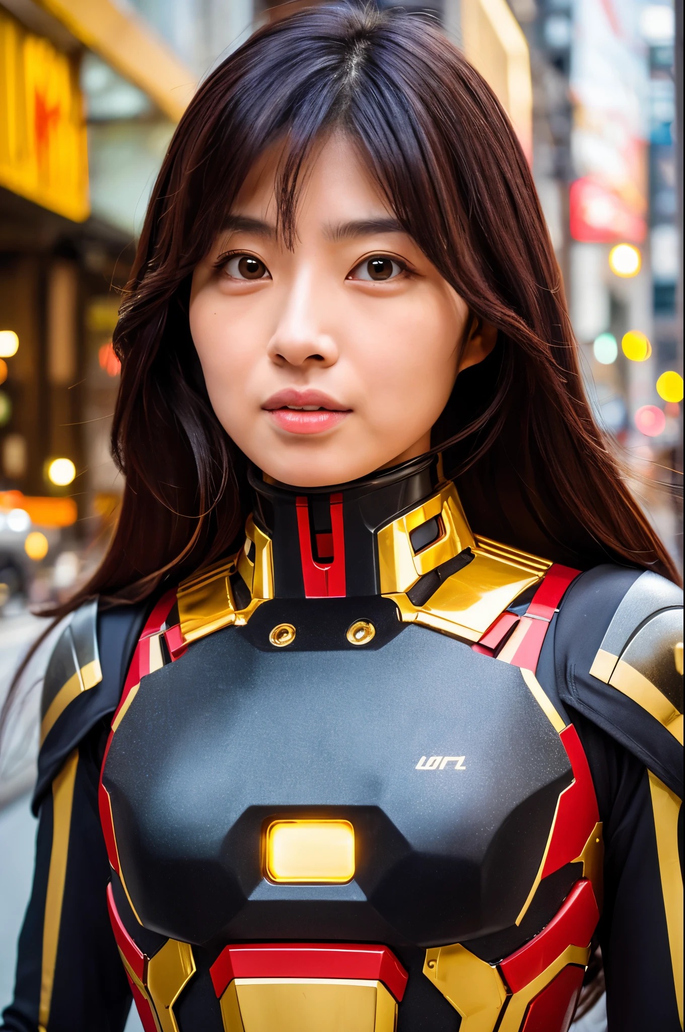 Best quality, High resolution, detailed face, Super realistic, Movie Light, Ultra HD, Japanese skinny lady, cute face, her upper body wears a futuristic Iron Man mech with red and gold color, (black long hair), Standing in the city