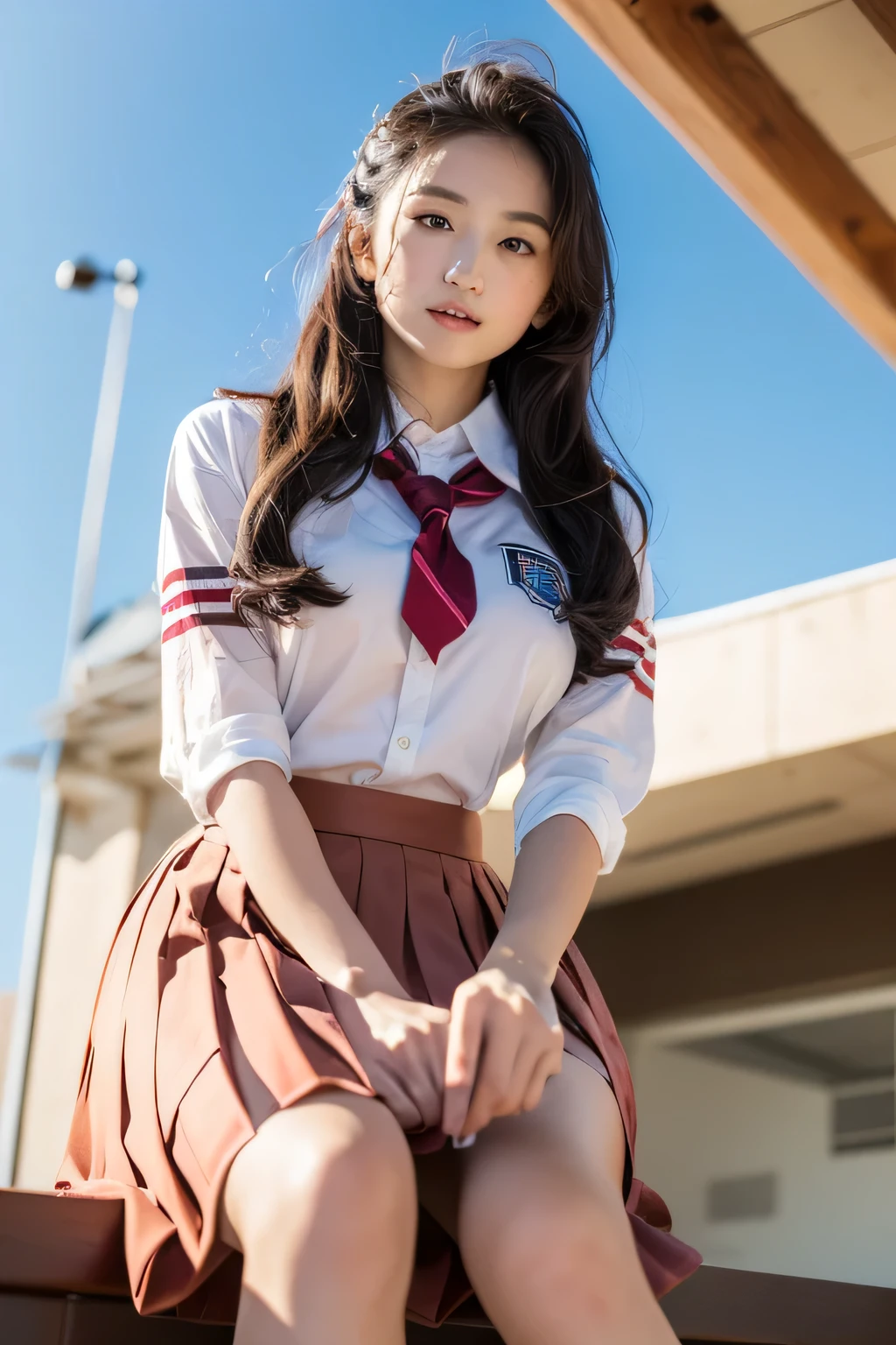 (1 girl), brown hair, wonderful face and eyes, pink eyes, (High school uniform with wide open chest:1.4), beautiful big breasts, bare chest, (amazingly beautiful girl), brown hair, (high school uniform, pleated skirt:1.5), ((highest quality)), (Super detailed), (Very detailed CG synthesis 8k wallpaper), very detailed, High resolution RAW color photos, professional photography, sitting, ((Please spread the word about Legoke..))), written boundary depth, (view from below:1.2),