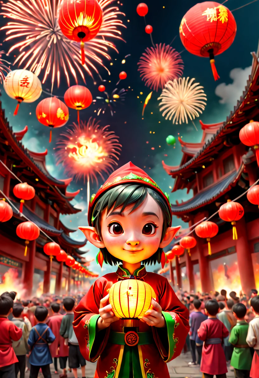 chinese colorful ink, a cute Elf, (panorama), white t-shirt, black open jacket, portrait, ink splashing, chinese colorful ink, Chinese color ink painting style, ink and wash style, cityscape, fireworks, print jacket, from below, octane render, (best quality, masterpiece, Representative work, official art, Professional, 8k:1.3)