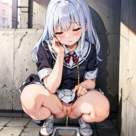 (1 tiny girl, girl with anatomically perfect body, ultra detailed hands, Perfect hands, ultra detailed face, cute eyes, pale skin, detailed pussy:1.1), (school uniform, long skirt), (have to pee, strong need to pee, can't stop peeing, sweat:1.3), (transpar...