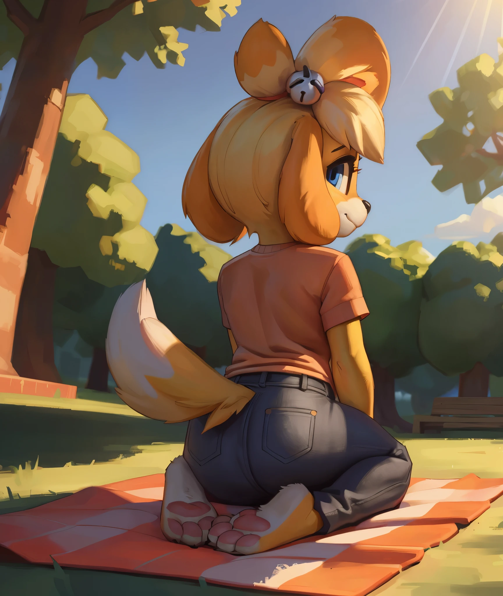 [isaCrossing], [Isabelle], [Animal Crossing], [Uploaded to e621.net; (Pixelsketcher), (wamudraws)], ((masterpiece)), ((HD)), ((high res)), ((solo portrait)), ((back view)), ((feet visible)), ((furry; anthro)), ((detailed fur)), ((detailed shading)), ((beautiful render art)), {anthro; (slim figure), yellow fur, black nose, (cute blue eyes), (blonde hair), (bells in hair), topknot, fluffy tail, (curvy hips), (sweat on forehead), (beautiful legs), (beautiful feet), (detailed soles), (paw pads), (cute smirk)}, (nervous expression)}, {(red ribbon in hair), (orange tee shirt), (tight jeans)}, {(sitting on picnic blanket), (kneeling), (nervous stance), (scratching head), (pigeon-toed), (looking back), (looking at viewer)}, [background; (park), (sidewalk), (treelue sky), (sun rays), (ambient lighting)]