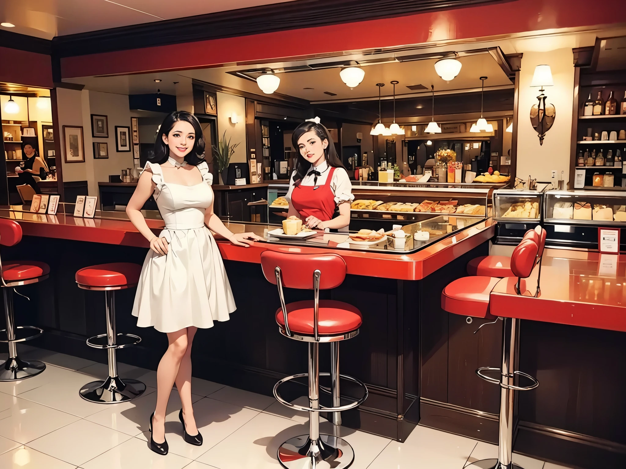 Vintage 1950's diner: gleaming chrome, red vinyl booths, black-and-white floors. Awaiting patrons behind the counter are rows of soda fountains. In the midst of it all, a charming waitress, enormous tits, beautiful face, long hair, serves delicious meals while wearing a classic outfit. Nearby, a pristine Wurlitzer jukebox pulses with life, ready to share the joy of early rock 'n' roll tunes. This enchanting scene transports viewers to simpler times filled with warmth, camaraderie, and enduring style.