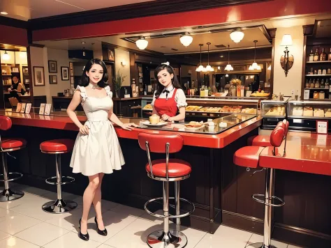 Vintage 1950's diner: gleaming chrome, red vinyl booths, black-and-white floors. Awaiting patrons behind the counter are rows of...