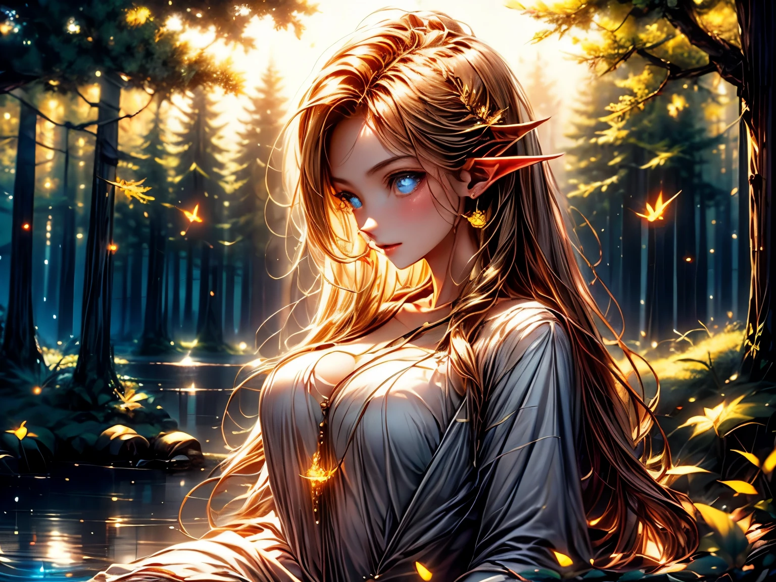 Portrait,elf,standing,by the lake,nature,enchanted,beautiful,serene,peaceful,glorious,ethereal,delicate features,pointed ears,sparkling eyes,graceful,mysterious,flowing hair,sunlight filtering through the trees,reflection on the water,golden hour,soft colors,ethereal glow,lush vegetation,magical atmosphere,harmony with nature,solitude,gently swaying leaves,silhouette,dappled light,tranquil,serenity,captivating gaze,fairy-like,immersed in the moment,whispering breeze,gentle ripples,calm and stillness,one with the surroundings