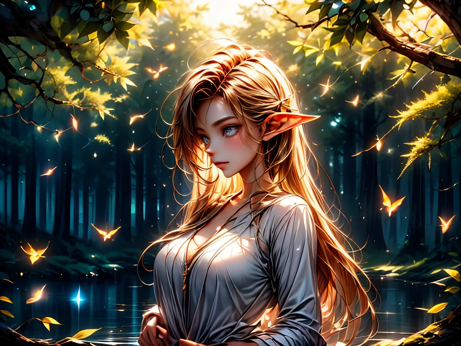 Portrait,elf,standing,by the lake,nature,enchanted,beautiful,serene,peaceful,glorious,ethereal,delicate features,pointed ears,sparkling eyes,graceful,mysterious,flowing hair,sunlight filtering through the trees,reflection on the water,golden hour,soft colors,ethereal glow,lush vegetation,magical atmosphere,harmony with nature,solitude,gently swaying leaves,silhouette,dappled light,tranquil,serenity,captivating gaze,fairy-like,immersed in the moment,whispering breeze,gentle ripples,calm and stillness,one with the surroundings