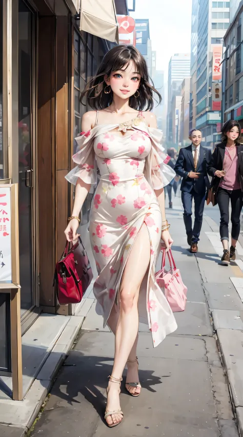 a stylish fashionista walking in the big city by Akihiko Yoshida, chic dress, fashionable, perfect body
