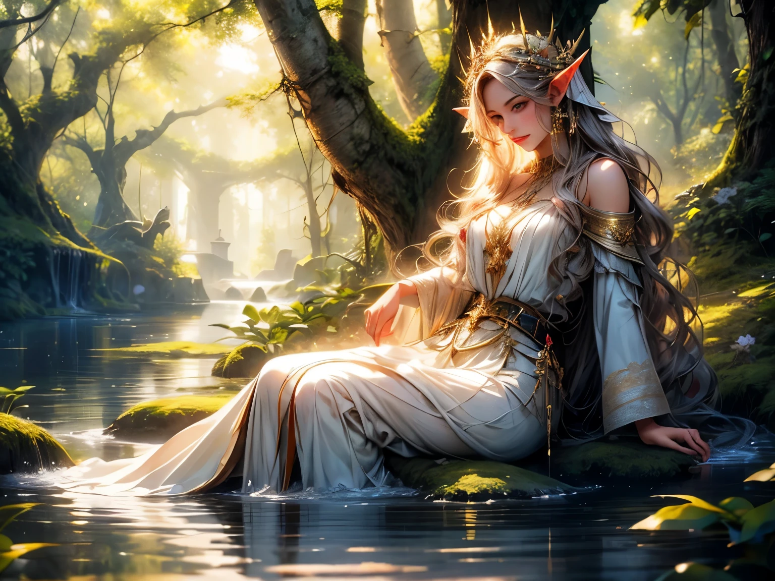 (best quality,4k,8k,highres,masterpiece:1.2),ultra-detailed,(realistic,photorealistic,photo-realistic:1.37),portrait,elf sitting by the lake,fairy-like creature,majestic,serene expression,long,flowing hair,pointed ears,sharp facial features,piercing eyes,ethereal glow,elven crown,delicate and intricate details,magical atmosphere,soft sunlight filtering through the trees,subtle reflections on the lake's surface,crystal-clear water,jewel-toned flowers blooming around the elf,tranquil surroundings,nature's beauty,peaceful and tranquil ambiance,fantastical scenery,sublime peace and harmony.