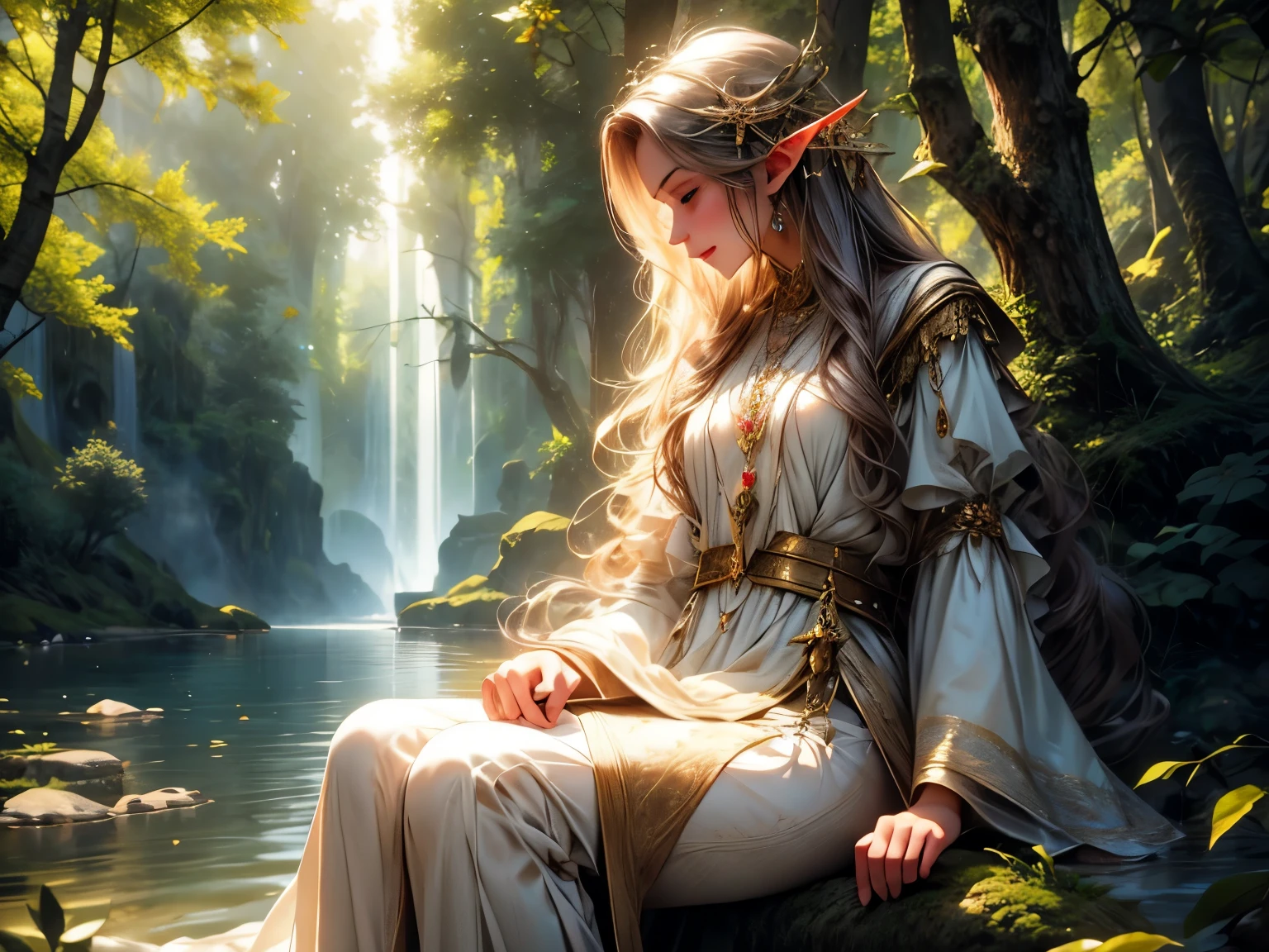 (best quality,4k,8k,highres,masterpiece:1.2),ultra-detailed,(realistic,photorealistic,photo-realistic:1.37),portrait,elf sitting by the lake,fairy-like creature,majestic,serene expression,long,flowing hair,pointed ears,sharp facial features,piercing eyes,ethereal glow,elven crown,delicate and intricate details,magical atmosphere,soft sunlight filtering through the trees,subtle reflections on the lake's surface,crystal-clear water,jewel-toned flowers blooming around the elf,tranquil surroundings,nature's beauty,peaceful and tranquil ambiance,fantastical scenery,sublime peace and harmony.