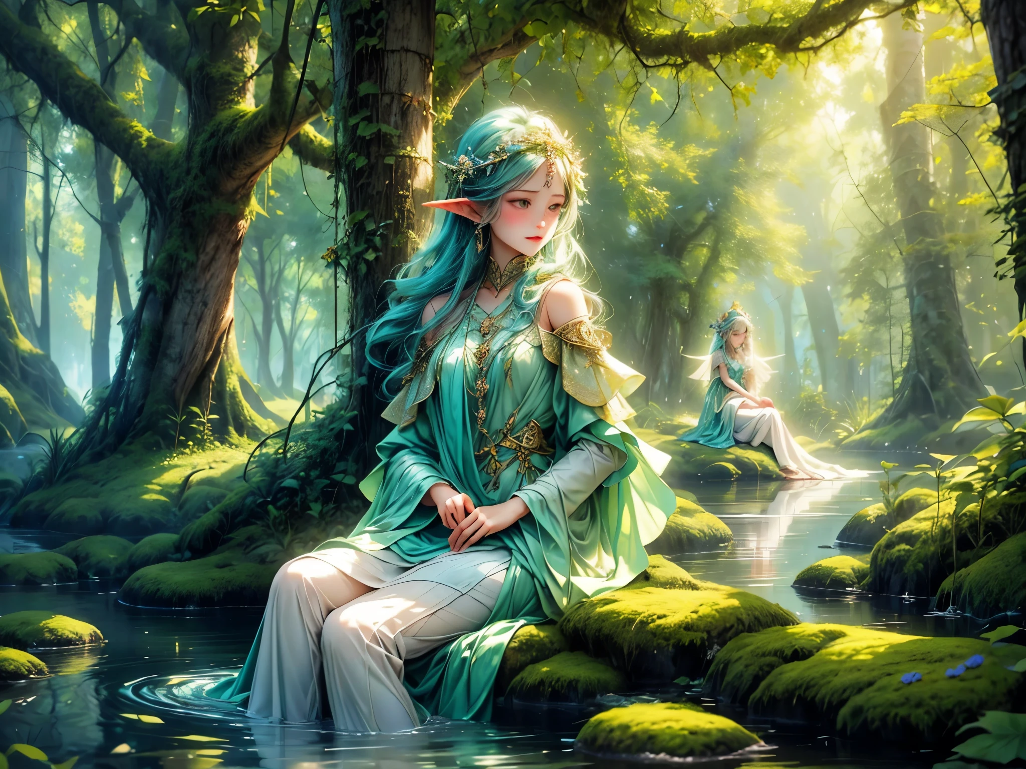 elf portraits,12yo,elf girls sitting by the lake,drink water,(best quality,4k,8k,highres,masterpiece:1.2),ultra-detailed,(realistic,photorealistic,photo-realistic:1.37),oil painting,fantasy,green foliage,sunlight filtering through trees,dappled light on the girls' skin,sparkling water,ethereal atmosphere,magical ambience,fine brush strokes,vibrant colors,emerald green and turquoise,hint of gold,soft lighting,peaceful expressions,innocent smiles,cascading hair,pointed ears,fairy-like wings,twinkling eyes,freshwater lake reflection,serene surroundings,tranquil silence,harmonious composition,subtle movement in the water,reflection of the girls in the water,delicate ripples,whispering whispers of nature,moss-covered rocks,soft breeze,gentle sounds of nature,subtle presence of other mythical creatures,hidden among the trees,blending with the forest,feeling of enchantment,little details on the girls' clothing,delicate embroidery,flower crowns,tranquility and beauty combined,immersive experience.