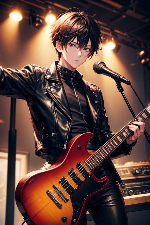 guitarist、a handsome guy、With short golden hair, Black leather jacket、leather pants、long sleeve、live house、High resolution、In 8K、sharp focus、zoom、with the best image quality