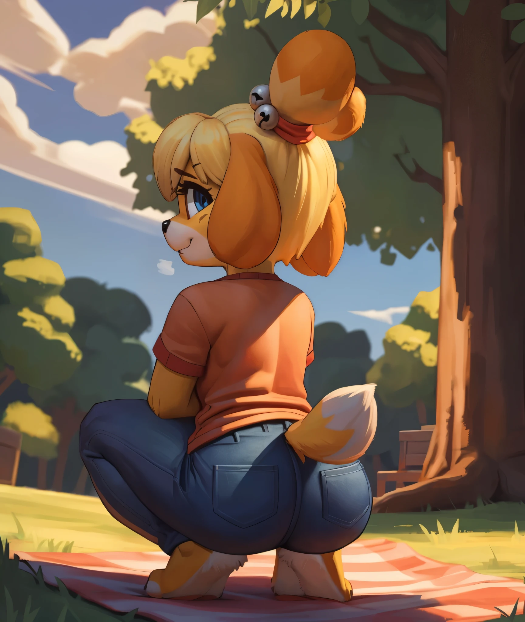 A cartoon girl sitting on a blanket in the park - SeaArt AI