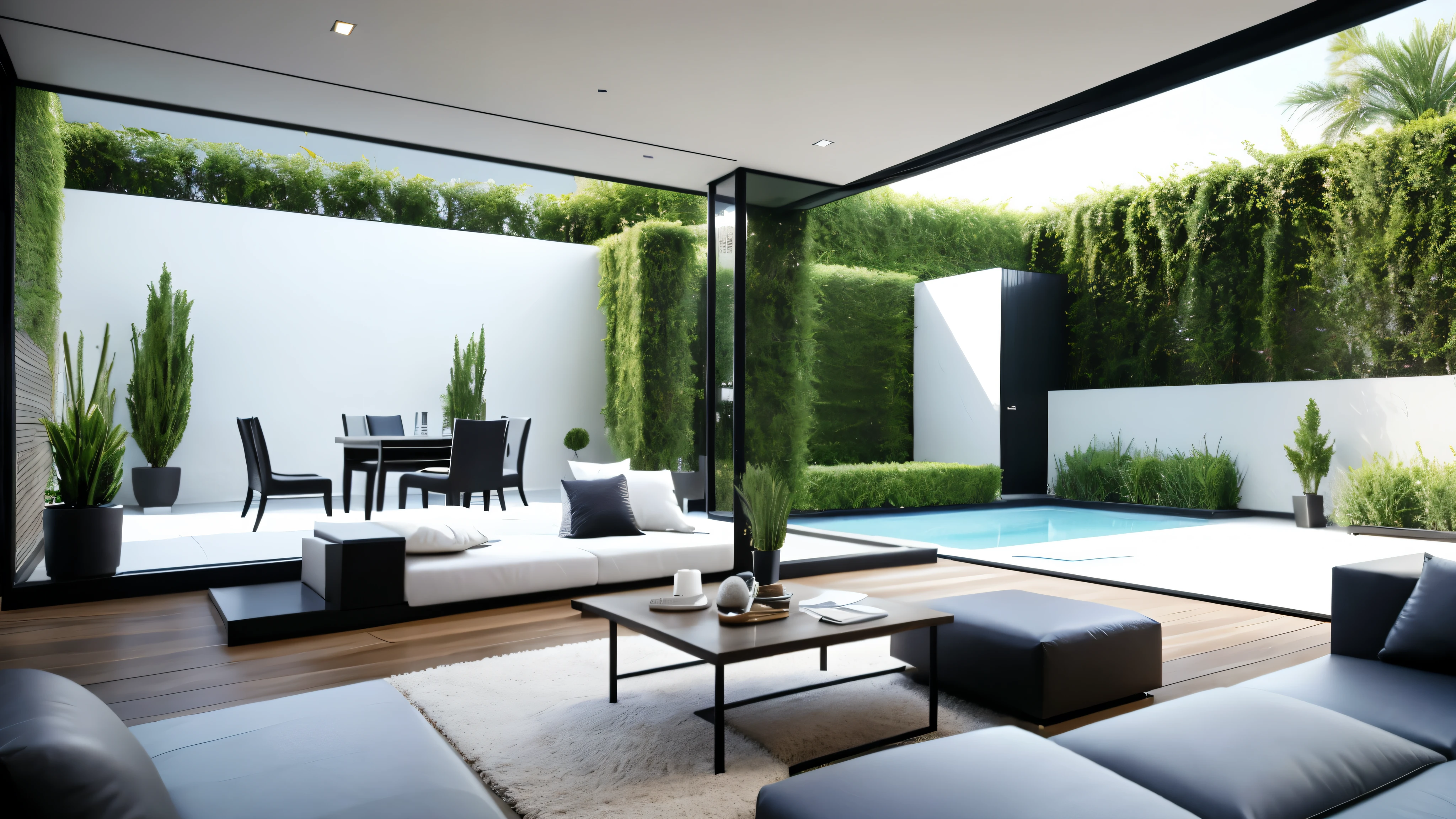 You are a famous interior designer、You have been asked to create a 3D image of a modern large room. Create a harmonious environment with modern and minimalist furniture. Including garden interior.
